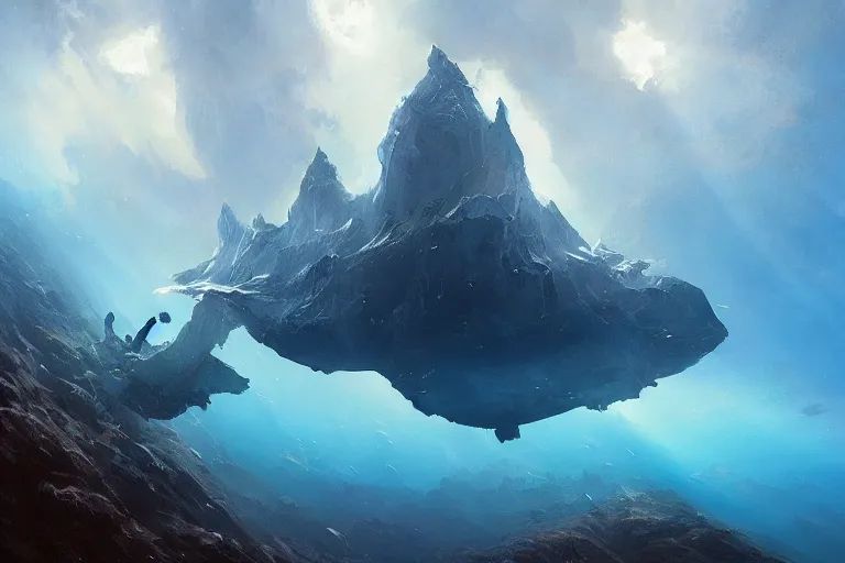 Image similar to a mountain floats upside down in the blue ocean from underwater cinematic fantasy painting by jessica rossier