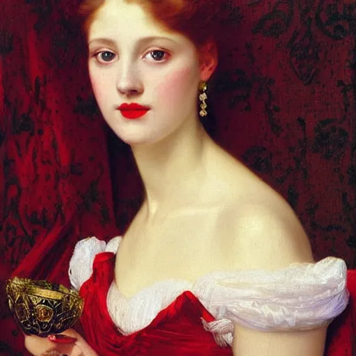 Prompt: a very beautiful portrait of a young beautiful woman by Frank Cadogan Cowper, graceful gaze, victorian style, backdrop of a wealthy aristocratic mansion, golden ornaments