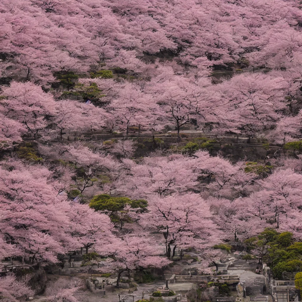 Image similar to old empty samurai city surrounded by sakura trees few