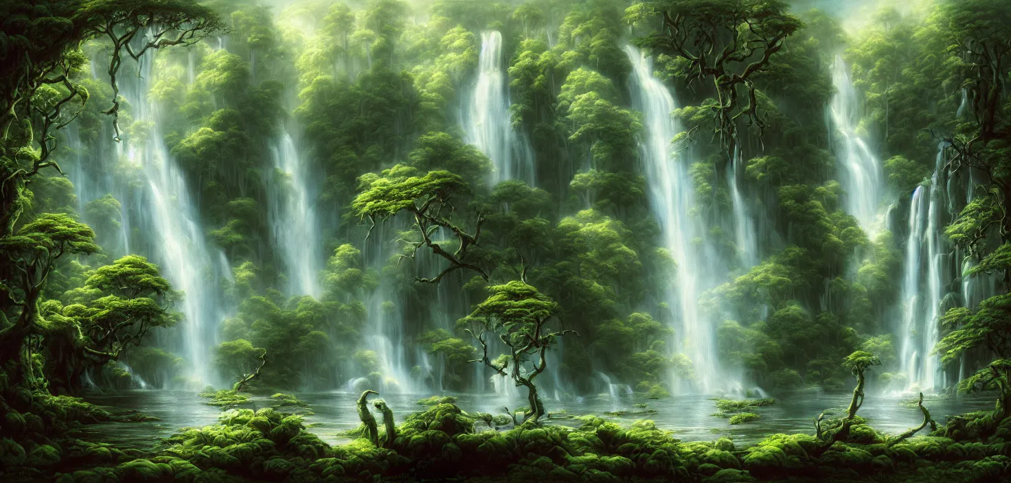 Image similar to a painting of a waterfall in a random forest, a detailed matte painting by todd lockwood, deviantart, fantasy art, matte painting, matte drawing, airbrush art