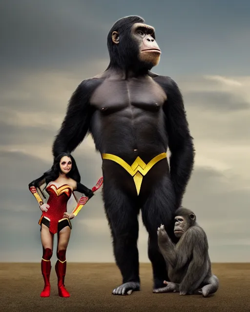 Prompt: Full body photos of a beautiful Chimpanzee dressed as Wonder Woman posing with Gorilla Grodd. Hyperreal, Trending on Artstation photography in the style of Annie Leibovitz