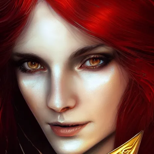 Image similar to redhead vampire sorceress, perfect face, gold shirt, cinematic, stunning, highly detailed, digital painting, artstation, smooth, hard focus, illustration, art by artgerm and greg rutkowski and alphonse mucha, volumetric lighting, octane render, 4 k resolution, trending on artstation, masterpiece