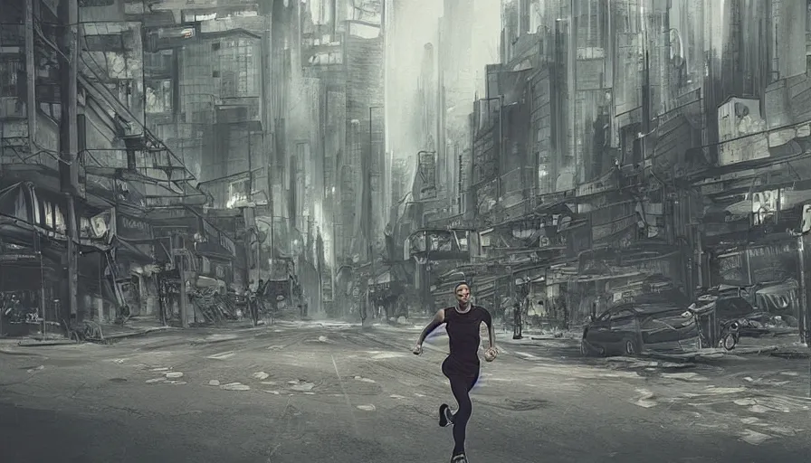 Prompt: “A derranged person running through a busy dystopian city”