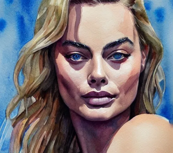 Prompt: A realistic portrait of margot robbie, watercolor art, highly detailed, trending on artstation