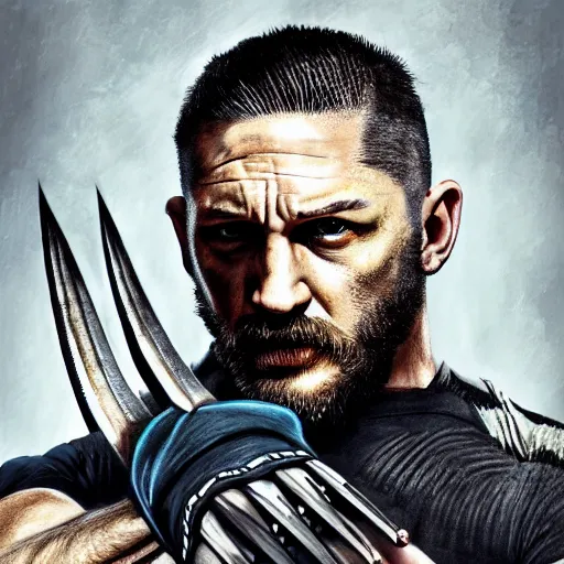 Image similar to Tom Hardy in wolverine suit Digital art 4K quality Photorealism