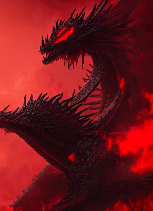 Image similar to chthonic black dragon with red demonic eyes on the red smoke background, photorealistic, ultra detailed, trending on artstation, concept art, octane render, unreal engine, by shinji aramaki, by christopher balaskas, by krenz cushart