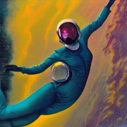 Prompt: woman in flight suit plunging into an abyss, bubbles, currents, dyson sphere, wet reflections, prism, atmospheric, ambient, pj crook, syd mead, livia prima, artgerm, greg rutkowski, nick alm, casey baugh