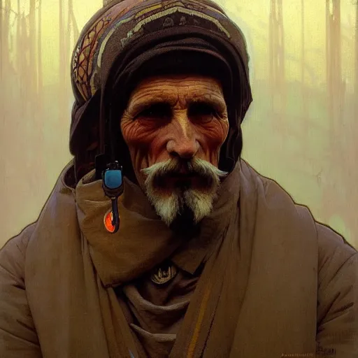 Image similar to portrait of an old vicotrian man by alphonse mucha, simon stalenhag and darek zabrocki, cinematic and atmospheric, concept art, artstation, trending on artstation