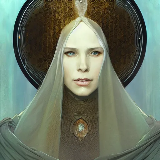 Image similar to portrait, female bene gesserit, bee keeper, veiled face, d & d, fantasy, intricate, elegant, highly detailed, digital painting, artstation, concept art, matte, sharp focus, illustration, art by artgerm and greg rutkowski and alphonse mucha