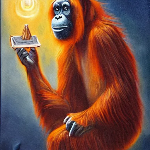 Prompt: orangutan wizard casting a spell and holding a spellbook, oil painting, magic