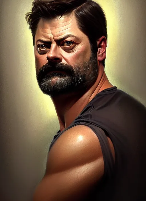 Image similar to portrait of nick offerman, intricate, elegant, muscular! highly detailed, digital painting, artstation, concept art, smooth, sharp focus, illustration, art by artgerm and greg rutkowski and alphonse mucha