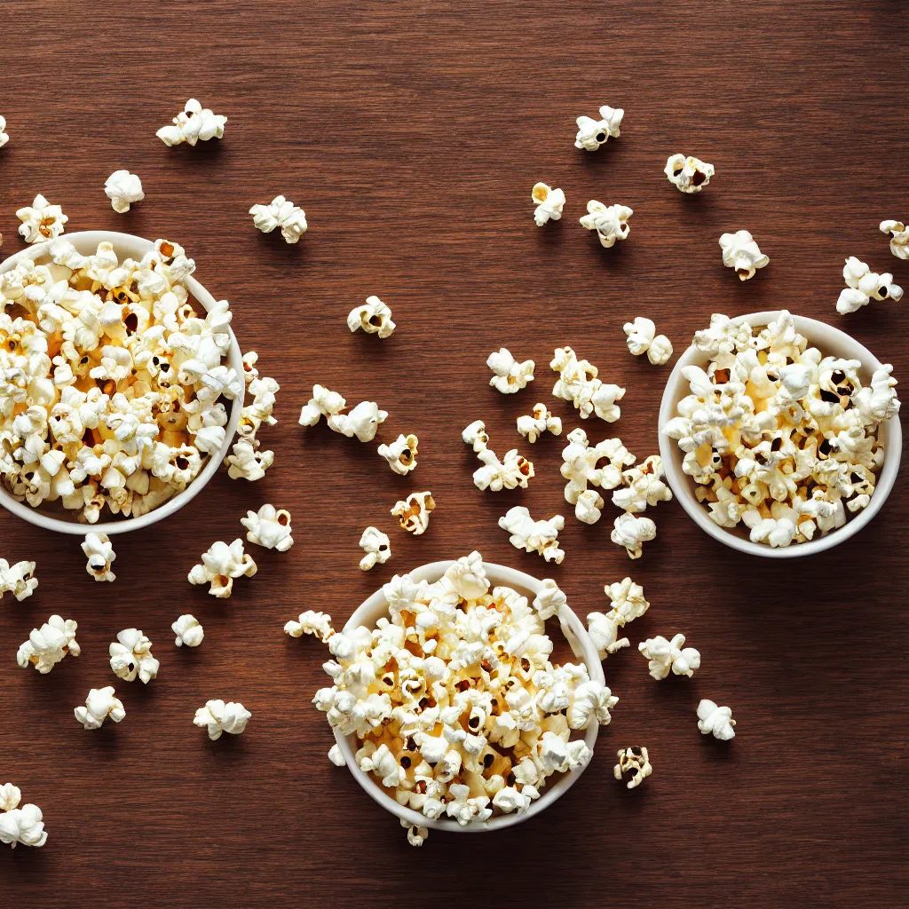 Image similar to top down view with popcorn on top of a wooden table, wallpaper, 4k, photorealistic