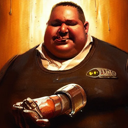 Image similar to closeup portrait of an overweight barkeeper, prosthetic robot arm, ratz, neuromancer, bar background, painted by greg rutkowski, painted by igor kieryluk, high detail, dramatic light, digital art, trending on artstation