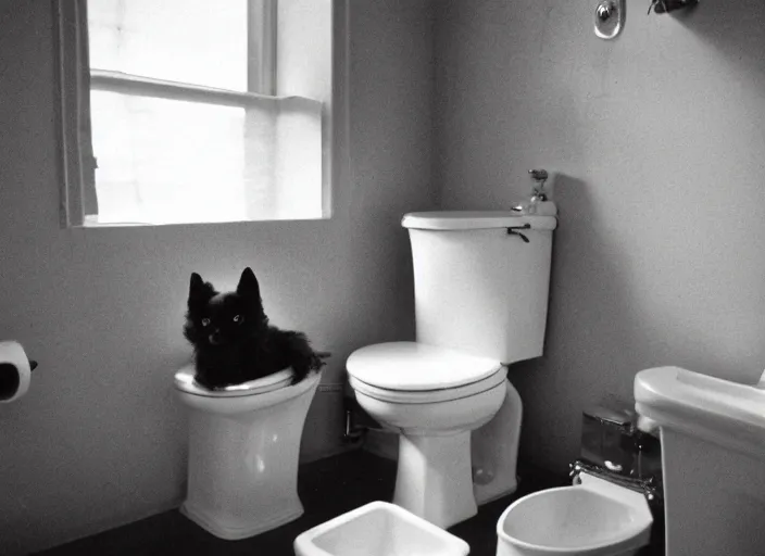 Image similar to high detail toilet, a bat kitten sits on the toilet, kodak expired film underexposed film grain light leak accidental exposure