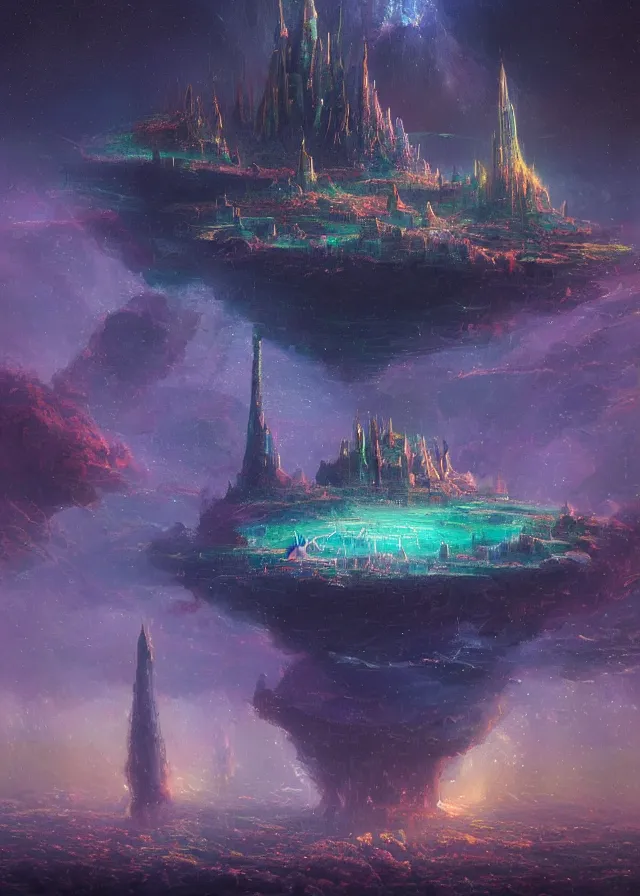 Prompt: an ultra detailed midjourney concept digital art painting of a flying island castle city, towers levitating across space in an iridescent nebula by paul lehr kazumasa uchio situated in a starry expanse of bioluminescent cosmic worlds by beksinski and beeple, ecological art, sharp details, floating citadel with towers, trending on artstation