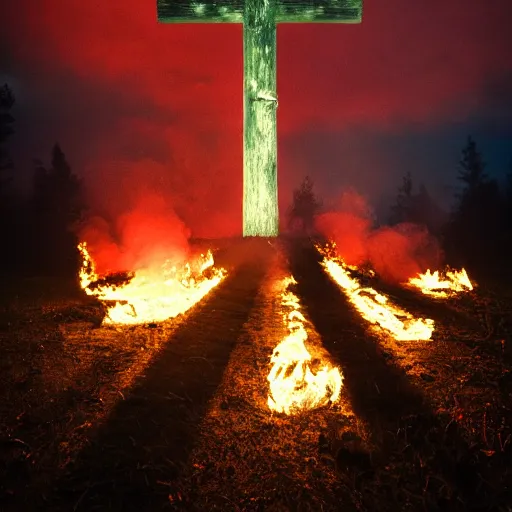 Image similar to robert lewandowski in front of a burning christian cross, night, forest, dark, black