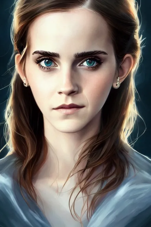 Image similar to emma watson with big eyes, beautiful eyes, blue eyes, green eyes, lovely eyes, red eyes, glowing eyes, by artgerm and greg rutkowski