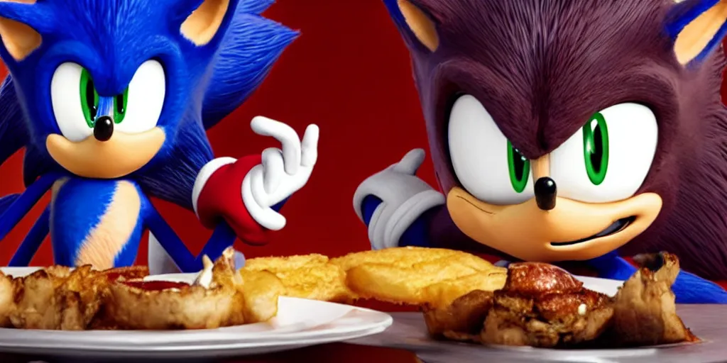 Image similar to A render of Sonic the Hedgehog sitting across from Shadow the Hedgehog at a restaurant, Sonic looks like he is shocked, Shadow is looking away in disgust, they both have hamburgers in front of them on a plate, movie, HDR, moody lighting, unique camera angle from the end of the table and between the two of them, candle lighting that is glowing on their faces