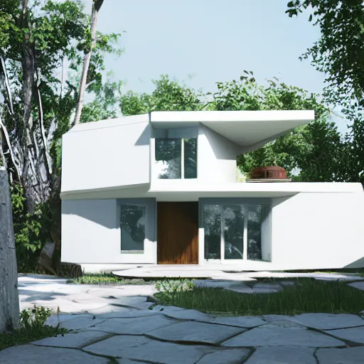 Image similar to 3 d, cute, white, ecobrutalist mansion, blender render, 3 d render, unity, nintendo, octane render, high res, outdoor lighting, kawaii house, beautiful, archiving, video game art