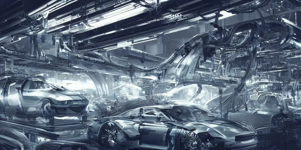 Image similar to 3 d concept art, carbon fiber automobile production line of hydrogen power energy, science fiction, beautiful, cinematic lighting, intricate details, octane rendering, trending on artstation, featured on behance.