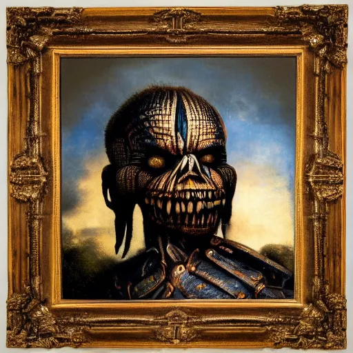 Prompt: obama in a highly detailed iron maiden album cover by rembrandt