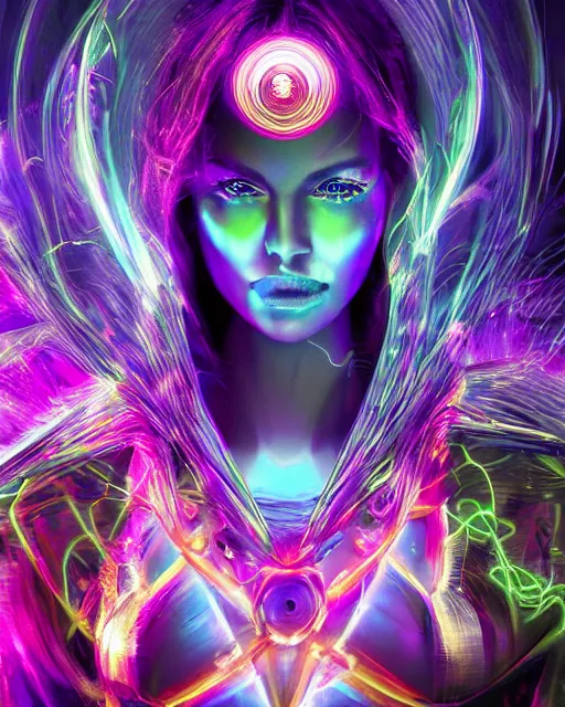 Image similar to a powerful energy psychedelic matrix woman, by alexander fedosav, hyper detailed digital matte painting, concept art, hyperrealism, 1 6 k resolution, cinema 4 d, 8 k resolution, trending on artstation, behance hd, a masterpiece, by stephan martiniere, particles, cel - shaded, power bright neon energy, by david a. hardy,