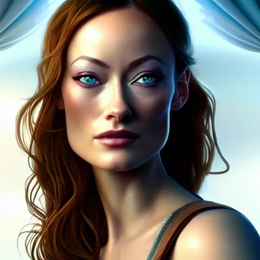 Image similar to Olivia Wilde, beautiful eyes, fantasy, beautiful face, vivid colors, elegant, concept art, sharp focus, digital art, Hyper-realistic, 4K, Unreal Engine, Highly Detailed, HD, Dramatic Lighting by Brom, trending on Artstation