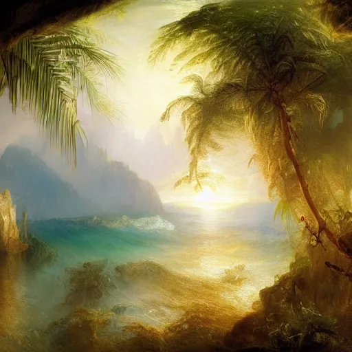 Prompt: Detailed exterior of sunny island, sparkling cove, epic light, sparkling cove, tropical landscape, lush vegetation, bamboo huts, In style of Peter Mohrbacher, art of J.M.W. Turner