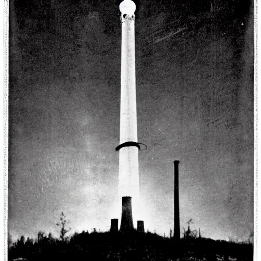 Image similar to 1 9 0 1 photo of nikola tesla wardenclyffe tower and ufo flying fast over in the distance