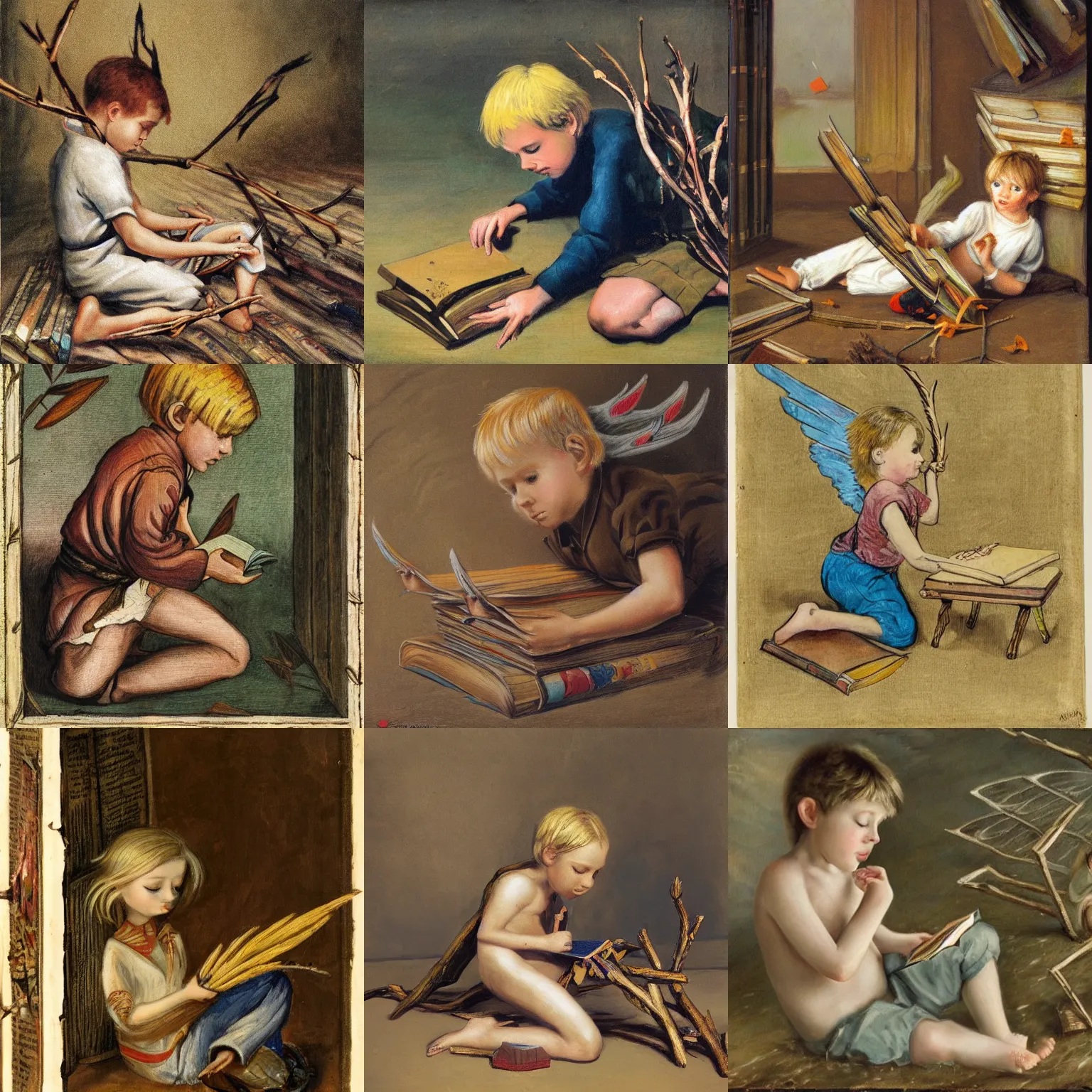 Prompt: a young blond with toy wings made out of twigs is kneeling down on the floor, looking desperately at two open books, fantasy painting