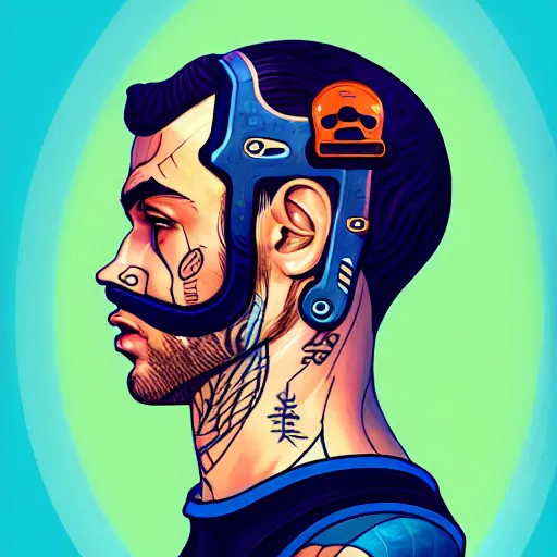 Image similar to a profile photo of a man with underwater helmet with tattoos on arm and neck, side profile in underwater, highly detailed, digital painting, artstation, illustration by Sandra Chevrier