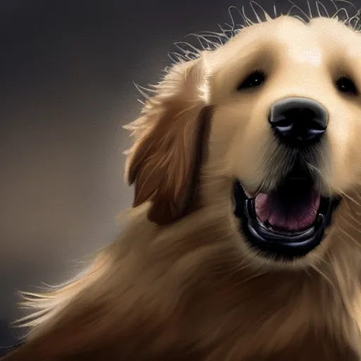 Image similar to portrait of a fluffy golden retriever dog, happy with his mouth open, D&D, fantasy, intricate, cinematic lighting, highly detailed, digital painting, artstation, concept art, smooth, sharp focus, illustration, art by Generate Labs and Kenichi Nishida