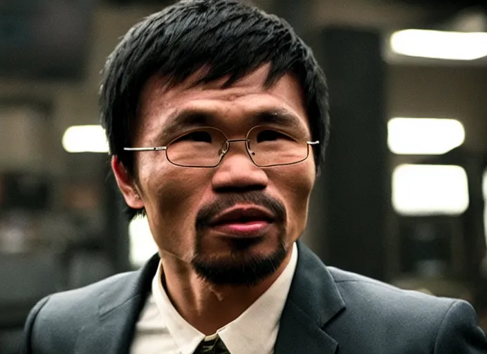 Prompt: film still of manny pacquiao, wearing a suit, in the new matrix movie, 8 k, highly detailed face, dark glasses