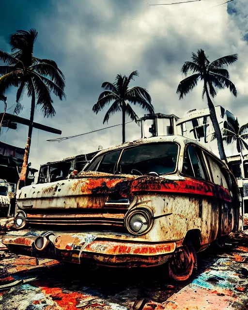 Prompt: wide angle shot of dilapidated fallout 5 miami, tropical coastal city, desolate, dilapidated, some rusted retro futuristic vintage parked vehicles like cars, buses, trucks, trams, slight overcast weather, fog, volumetric lighting, photorealistic, daytime, autumn, sharp focus, ultra detailed,