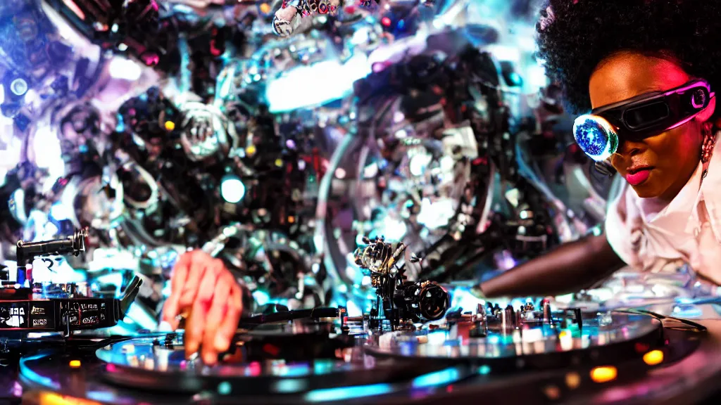 Image similar to a black woman wearing goggles and visor and headphones using an intricate clockwork record player turntable contraption, robot arms, turntablism dj scratching, intricate planetary gears, smoky atmosphere, cinematic, sharp focus, led light strips, bokeh, iridescent, black light, fog machine, hazy, lasers, spotlights, motion blur, color