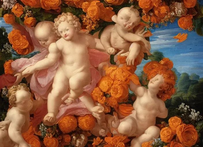 Prompt: cheeto's, extremely detailed, cheeto's surrounded by flowers and cherubs, a baroque painting, rococo style