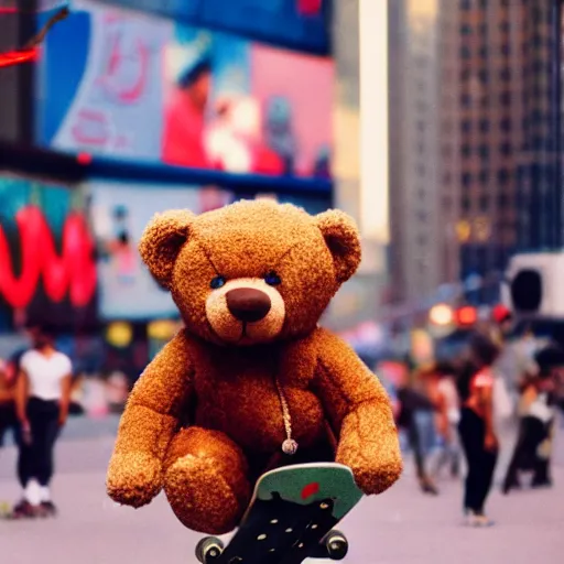 Image similar to photo teddy bear riding skateboard in times square, cinestill, 800t, 35mm, full-HD