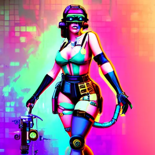 Prompt: 1 9 2 0 cyberpunk pinup girls, neon colors, 8 k, hd, apex legends, fornite, gta