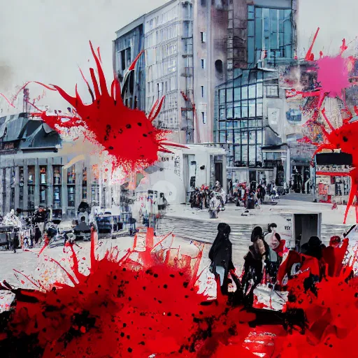 Image similar to A British European City with cars and people roaming inside of the city, certain aspects of the background are lens blurred, splatters of red and red paint circle significant parts of the city, blots of red paint, some of the people are even painted red, black and white photograph painting, real life, realistic, hyperrealistic, very realistic, photo photograph, photo, photograph, painting, oil painting, ultra realistic, very detailed, extremely detailed, highly detailed, HD Quality, 4k resolution, 8k resolution, trending on artstation, in the style of an Album Cover, cool, epic, nostalgic, intricate details