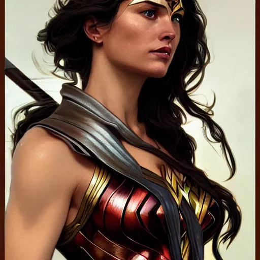 Image similar to portrait of Wonder Woman after battle, intricate, headshot, highly detailed, digital painting, artstation, concept art, sharp focus, illustration, art by artgerm and greg rutkowski, alphonse mucha, cgsociety