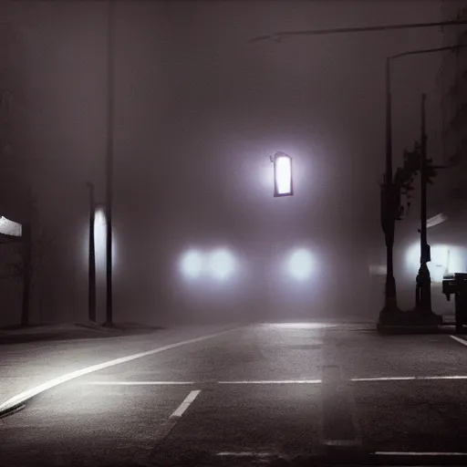 Prompt: ghost on a foggy night streer with neon streetlights like Silent Hill screenshot