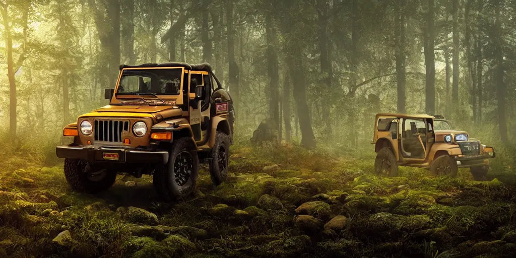 Prompt: Mahindra thar, in the forest, plants environment, wide angle, cinematic lighting, atmospheric, realistic, cinematic, octane render, highly detailed, color graded, in the style of simon stalenhag