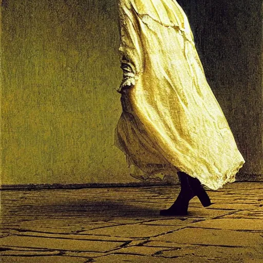 Prompt: A body art. A rip in spacetime. Did this device in her hand open a portal to another dimension or reality?! linen, lemon chiffon by John Atkinson Grimshaw chaotic, turbulent