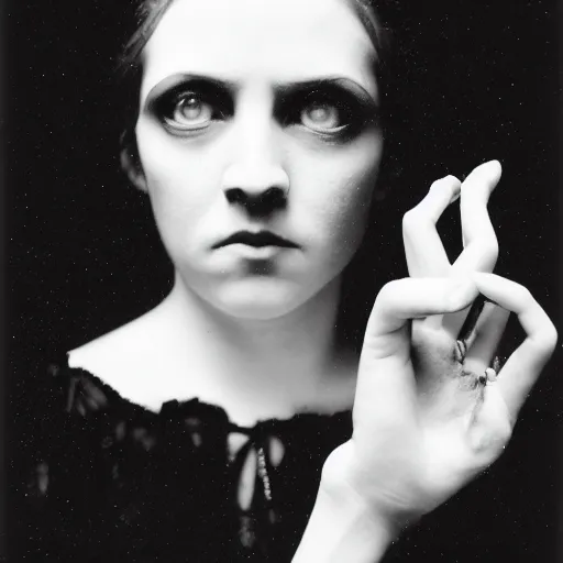 Image similar to 35mm head and shoulders portrait of an expressive Victorian gothic girl doing ASMR with various hand movements, Graflex photograph by Mark Ryden
