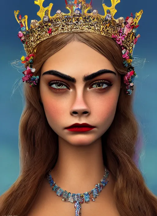 Image similar to closeup face profile portrait of a tin toy cara delevingne as a fairytale princess wearing a crown, bikini, depth of field, zeiss lens, detailed, symmetrical, centered, fashion photoshoot, by nicoletta ceccoli, mark ryden, lostfish, breathtaking, 8 k resolution, extremely detailed, beautiful, establishing shot, artistic, hyperrealistic, octane render