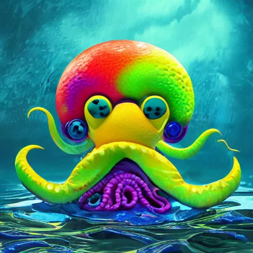 Image similar to cute cthullu render, underwater, bright colors, masterpiece