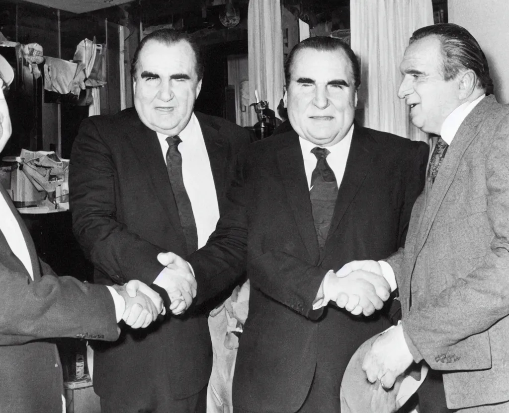 Image similar to Eric Cartman shaking hands with Richard Nixon, close-up photograph