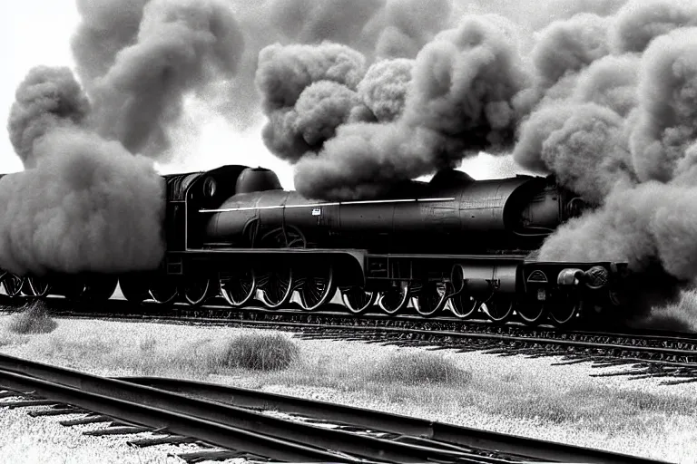 Image similar to black and white photograph of lner a 4 mallard thundering down the rails at high speed, black smoke coming from the locomotive, cinematic, volumetric light, f 6 aperture, cinematic eastman 5 3 8 4 film