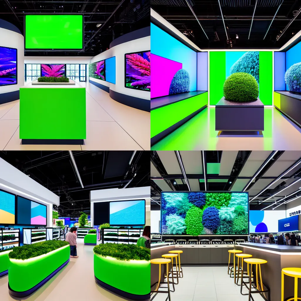 Prompt: (Samsung retail interior. empty stools, verdant plants, colorful digital screens) muted colors, wide shot, XF IQ4, 14mm, f/1.4, ISO 200, 1/160s, 8K, RAW, unedited, symmetrical balance, architectural photography