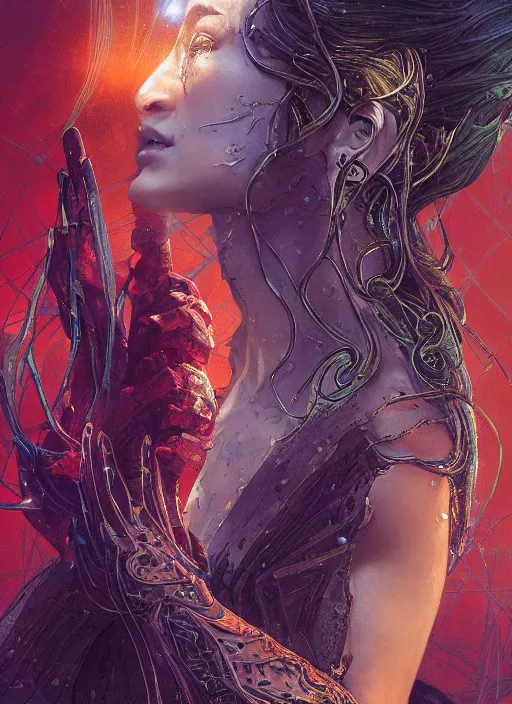 Image similar to altered carbon, Maya Ali as a sorceress, side view, tarot card, sweat drops, fibonacci, fractals, insane, prismatic, intricate, highly detailed, digital painting, artstation, concept art, smooth, sharp focus, illustration, Unreal Engine 5, 8K, art by artgerm and greg rutkowski and alphonse mucha